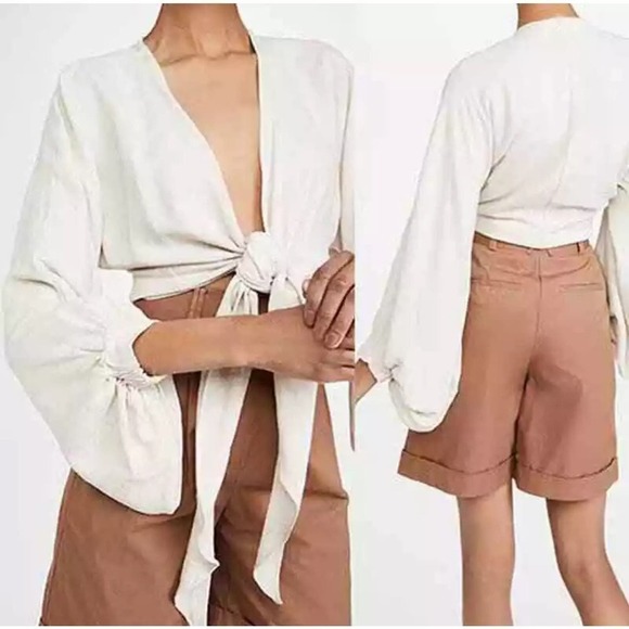 Just Bee Queen Linen Viscose Blend Adri Wrap Tie Balloon Sleeve Top TAN XS - Picture 1 of 13